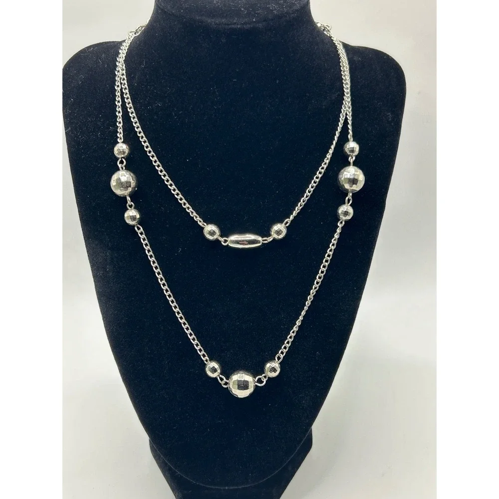 Silver Tone‎ Double Strand Layered Necklace Faceted Disco Ball Bead Curb Chain